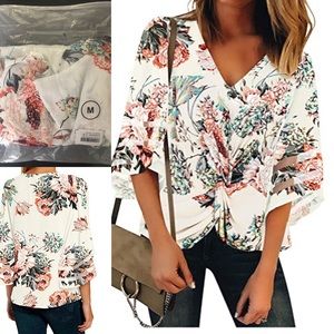 V-neck 3/4 flare sleeve blouse